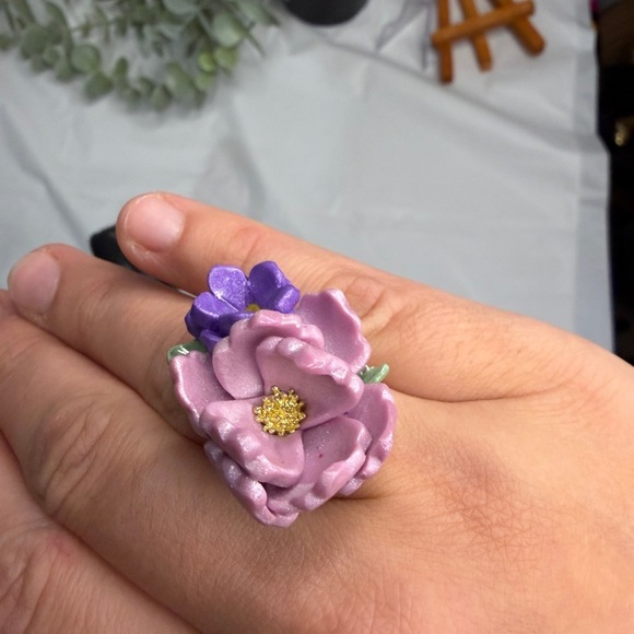 Floral Pink and Purple Ring from polymer clay - Picture 6 of 8